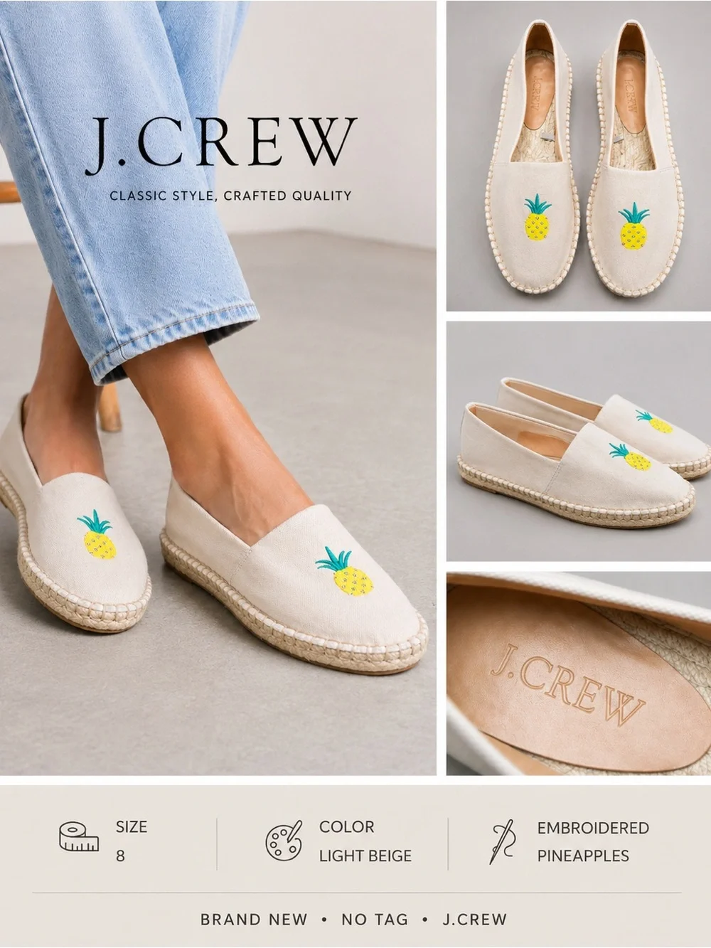 J. Crew Pineapple Embroidered Espadrilles Light Beige Canvas Loafers Size 8 NWOT